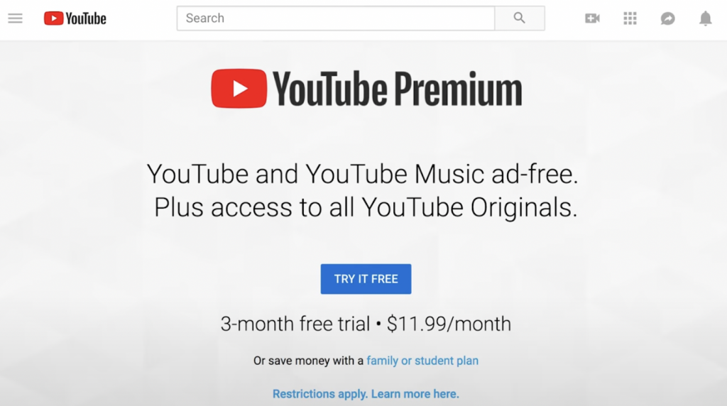 Sitio web Youtube Premium